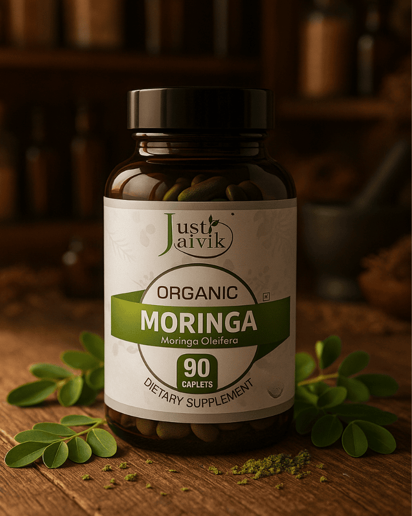 Organic Moringa Tablets - 750mg in a bottle with green leaves on a wooden table, dietary supplement by Just Jaivik.