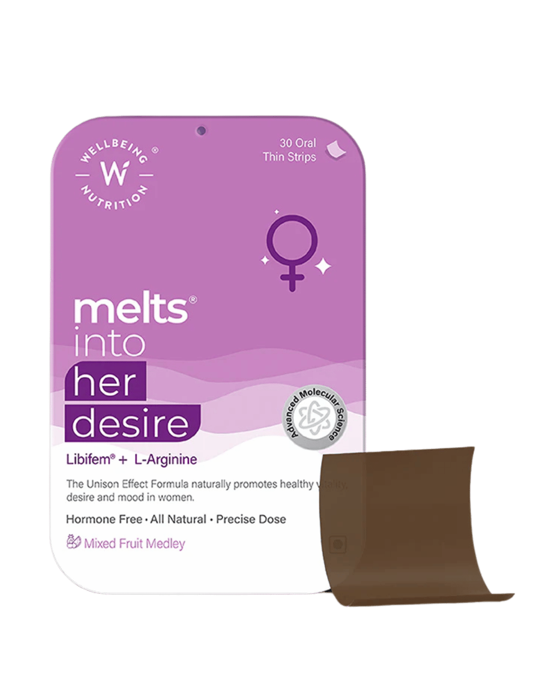 Packaging of 'Melts® into Her Desire' with 30 oral strips for sublingual delivery, hormone-free and all-natural, with the product image strips in a brown color pouch.