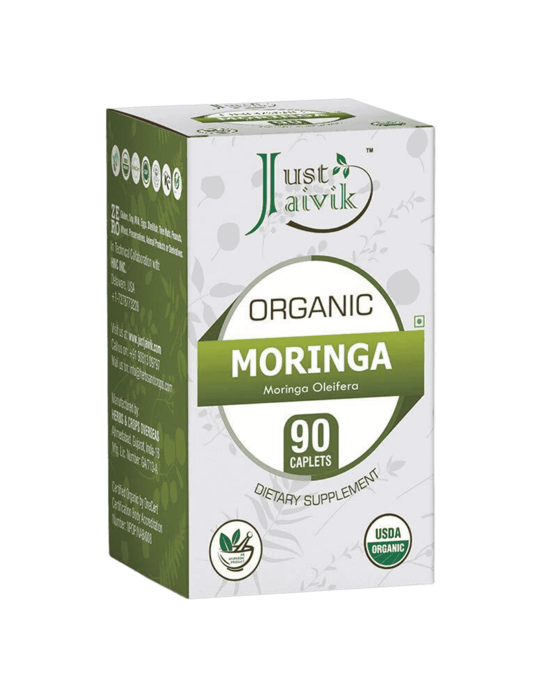 Organic Moringa Tablets - 750mg, 90 caplets, dietary supplement packaging from Just Jaivik.