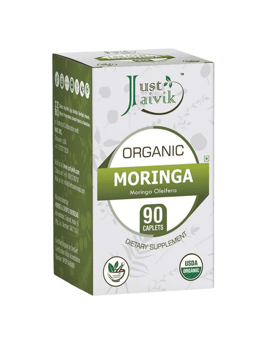 Organic Moringa Tablets - 750mg, 90 caplets, dietary supplement packaging from Just Jaivik.