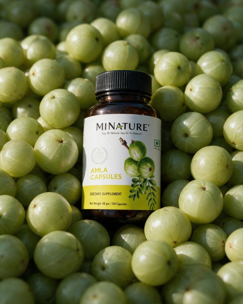 A bottle of MINATURE Amla Capsules placed in the center of a dense pile of pale green amla fruits.