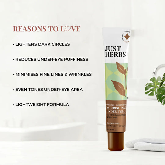 Nourishing Under Eye Gel, Green Tea, Carrot Seed, Just Herbs, Ayurveda Store NZ