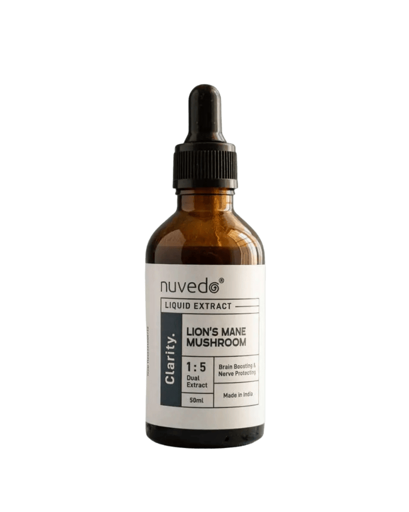 Brown glass bottle with dropper labeled 'nuveda' on a green background