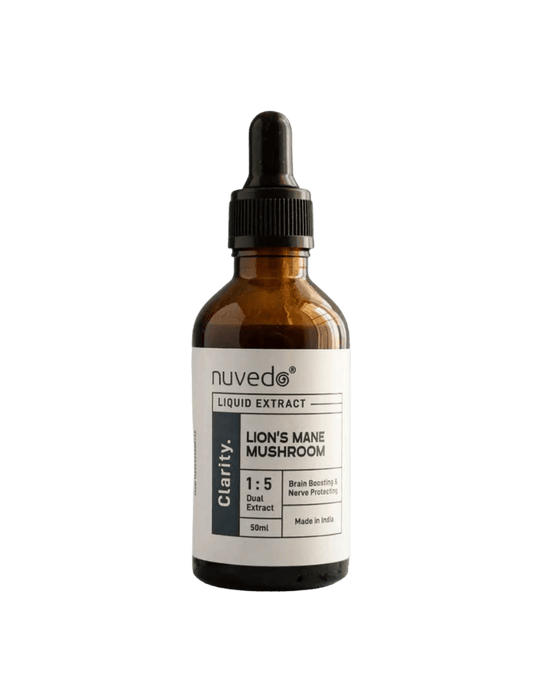 Brown glass bottle with dropper labeled 'nuveda' on a green background