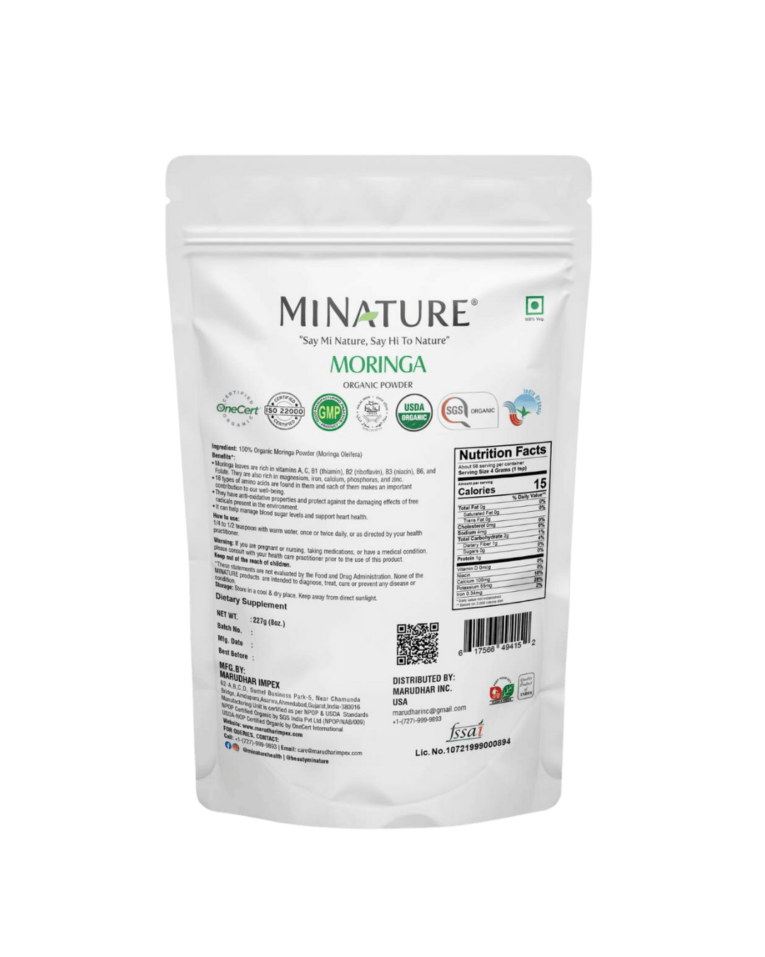 Organic Moringa Powder 226g - USDA Certified