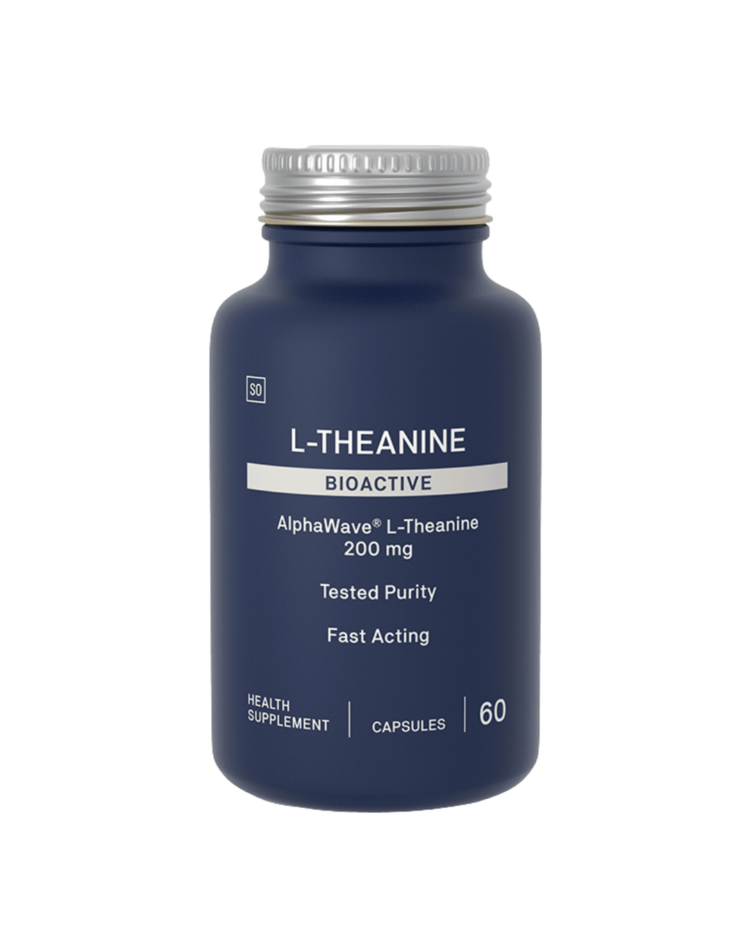 Blue bottle of L-Theanine supplement with white label on a green background
