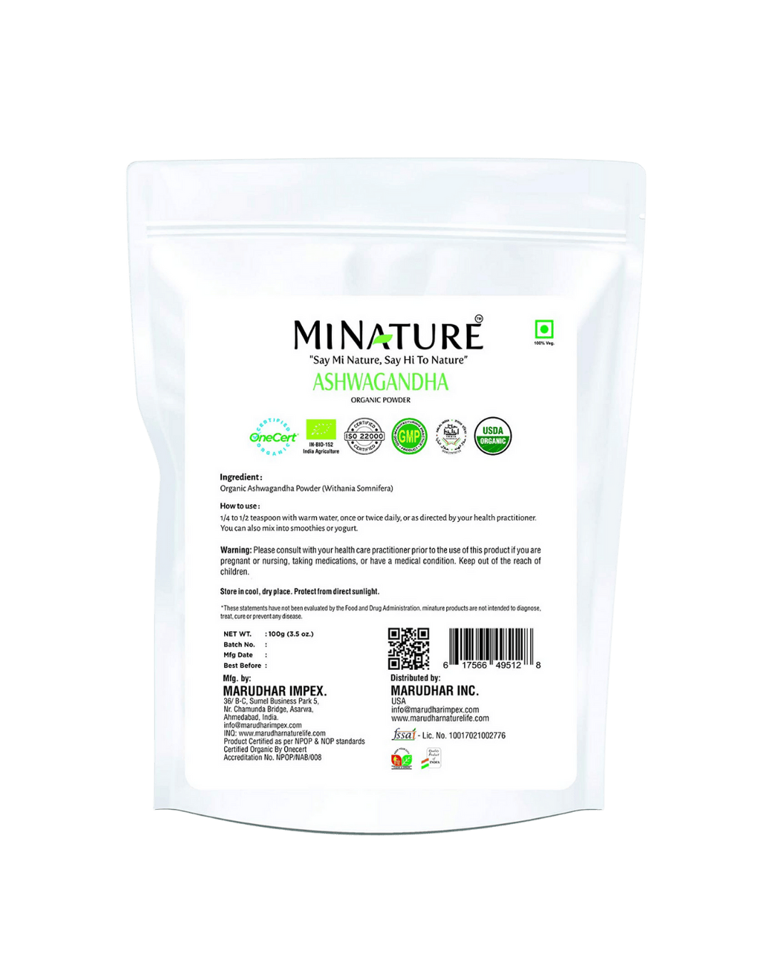 Organic Ashwagandha Powder 227 g - USDA Certified
