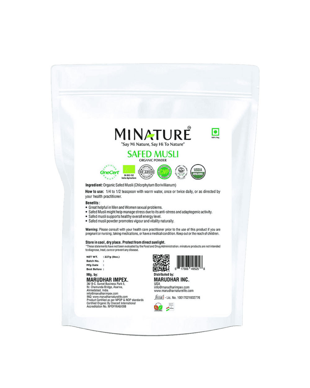 Organic Safed Musli Powder 227g - USDA Certified