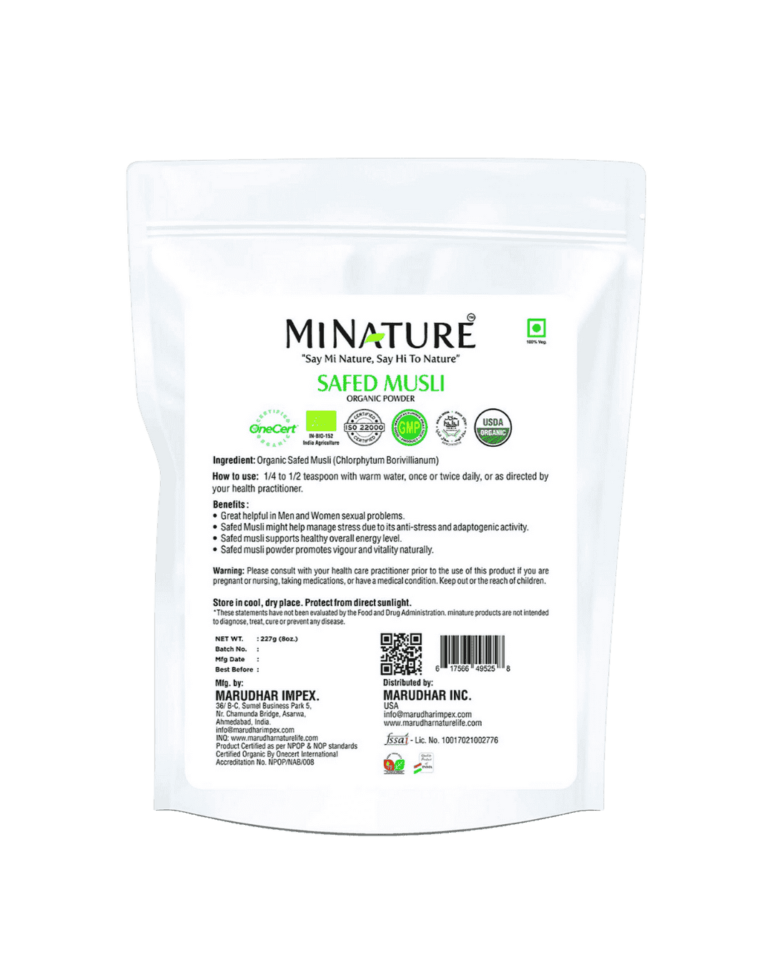 Organic Safed Musli Powder 227g - USDA Certified