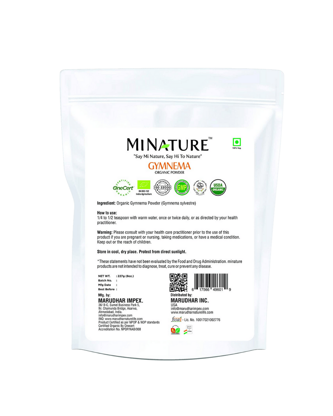 Organic Gymnema Powder 227g - USDA Certified (Madhunashini, Shardunika, Gurmar, Gymnema Sylvestre)