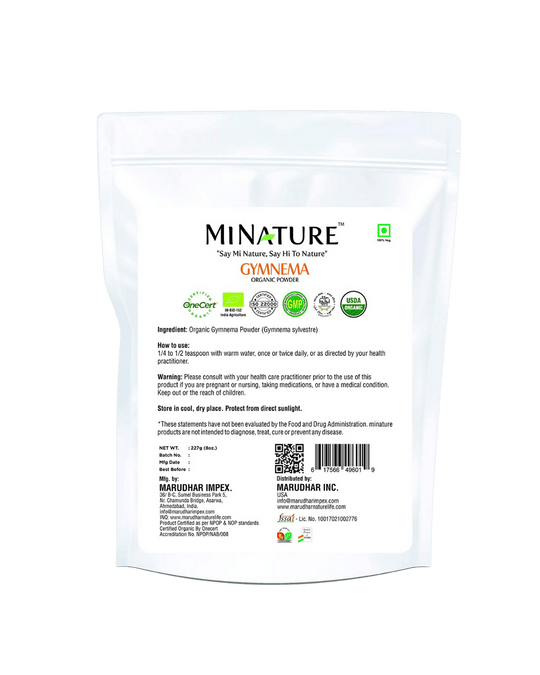 Organic Gymnema Powder 227g - USDA Certified (Madhunashini, Shardunika, Gurmar, Gymnema Sylvestre)